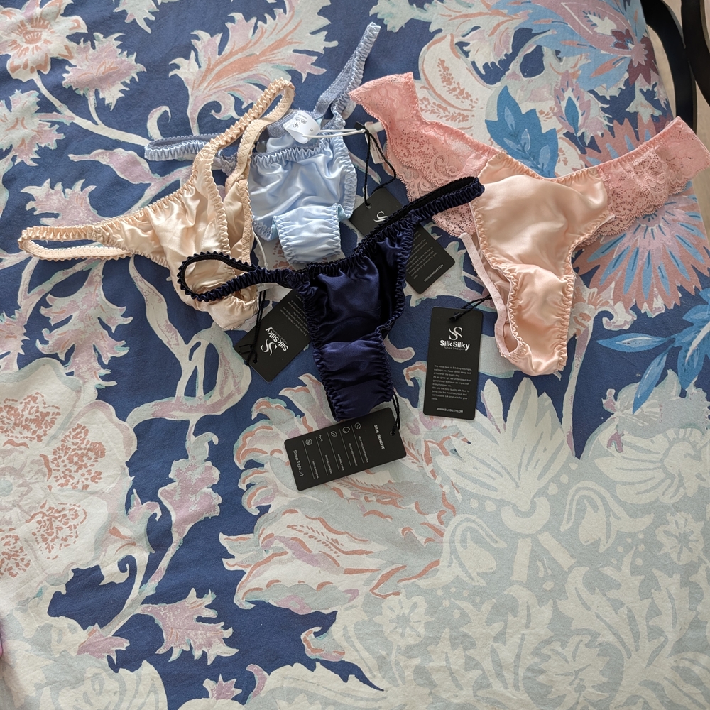 NWT SILKSILKY Silk & Lace Thongs in Navy, Blush, Light Blue, Champagne